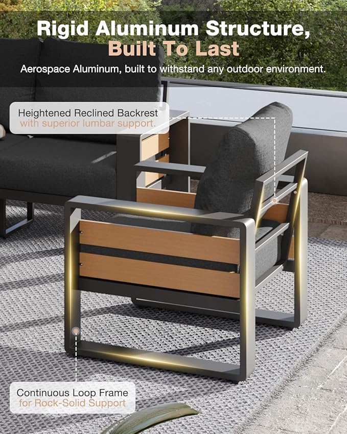 Aoxun Aluminum Patio Furniture Set with Fire Pit Table, 5 Seats Luxury Outdoor Sectional with 6" Olefin Fabric Cushions, Patio Conversation Sets with Outdoor Sofas for Backyard, Deck Dark Grey