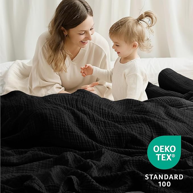 100% Cotton Muslin Blanket Queen 90" x 90", 6 Layers Breathable and Lightweight Cotton Throw Blankets for Bed, Soft Cooling Summer Gauze Blanket for Adults All Season, Black