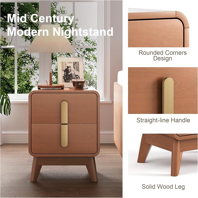 JOINICE Night Stand Set 2, Mid Century Modern Bedside Table with Drawers, Curved Profile Design End Table with Metal Handle, Nightstand Set of 2 with Storage, Bed Side Tables for Bedroom, Cherry - Image 7