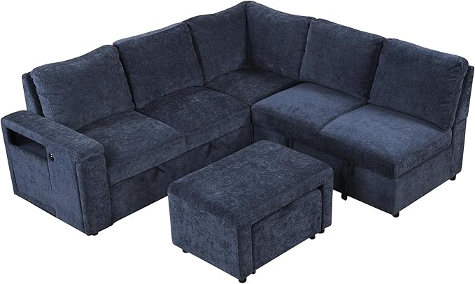 Ball & Cast 91" L-Shaped Modular Padded Cloud Sectional Fabric Sofa Set with Pull Out Bed, Convertible Sectional Couches w/Storage Space and USB Ports & Cup Holders on The Armrests,Blue