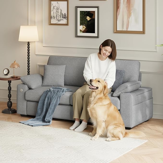 89" Loveseat Couch, 3 Seater Upholstered Midcentury Mondern Love Seat with USB Type C Ports, 4 Pillows and Storage Armrest Cloud Foam Sofa for Living Room/Small Spaces, Grey | Breathable material