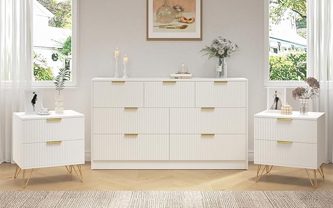 7 Drawer Dresser and Nightstand Sets, 3 Pcs Bedroom Set for Bedroom, Fluted Night Stand Set of 2 & 55" Wide Dresser w/Gold Handles, Modern Wood Chest of Drawers Storage Cabinet Set, White