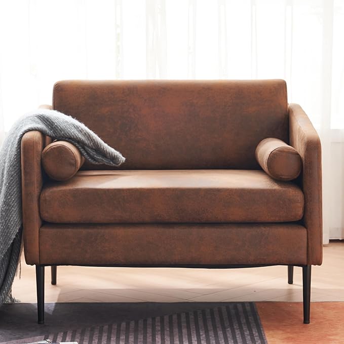 Karl home Mid-Century Club Chair 38.2" Living Room Sofa Oversized Bronzing Cloth Upholstered Accent Chair with Metal Legs for Living Room, Bedroom, Balcony, Apartment, Office, Brown