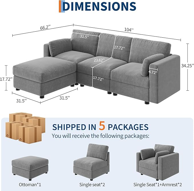 GAOMON Oversized Modular Sectional Sofa, 4 Seater Sectional Couch, 104" L Shaped Sofa with Movable Ottoman, Convertible Modular Couch for Living Room Apartment and Office, Chenille Grey