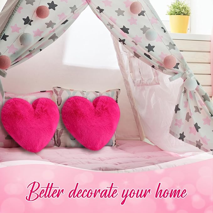 Marsui 2 Pcs Heart Throw Pillows, Soft Fluffy Faux Fur Decorative Hearts Shaped Pillows for Living Room Sofa Bed, Cute Heart Themed Gift for Women(Rose Red,11.81 x 11.02 Inch)
