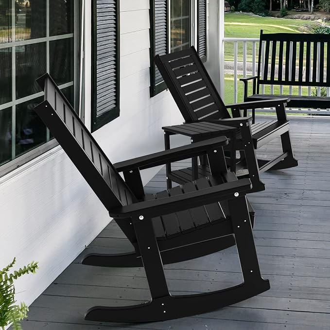GREENVINES Outdoor Rocking Chair Set | 3-Piece | 2 Rocking Chairs with 1 Side Table | Porch Rocker | HDPE Plastic | Black | Patio Furniture Sets | High Back | Big & Tall | Ladder Back - Image 6