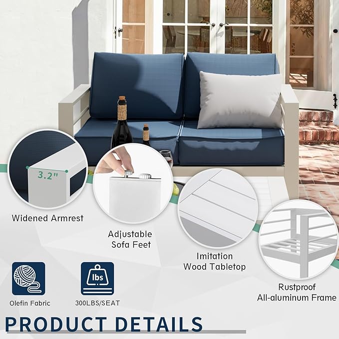 Amopatio Patio Furniture with Fire Pit, 5 Pcs Aluminum Outdoor Sectional Metal Patio Sofa Set with Aluminum Fire Pit Table for Backyard,White&Blue(Included Waterproof Covers)