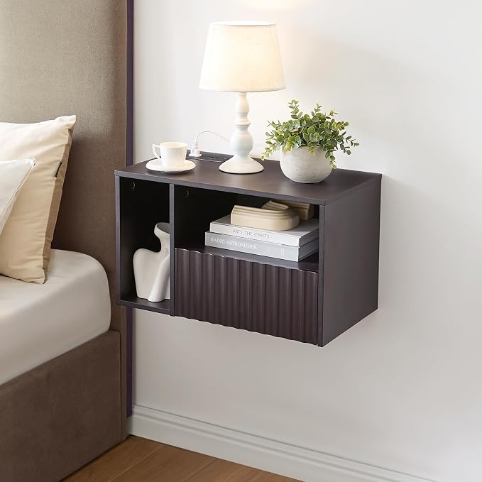 BuildHom Modern Espresso Fluted Floating Nightstand with Charging Station, NightStand with Drawers, Bedside with USB Ports and Outlets, Bedroom Furniture (Left) - Image 6