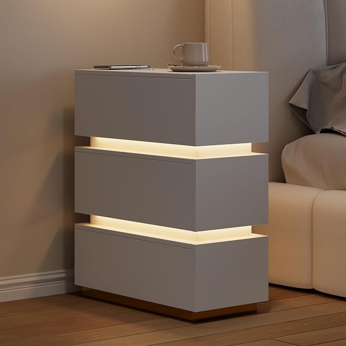 homary Narrow Smart Nightstand with Wireless Charging, USB & Type-C Ports, Modern LED Bedside Table with 3 Drawers, White Nightstand with Storage for Bedroom - Image 6