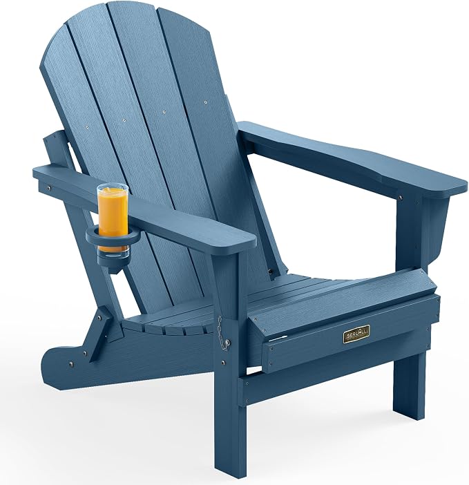 SERWALL Folding Adirondack Chair Outdoor Adirondack Chairs with Cup Holder, Weather Resistant Fire Pit Chairs for Patio - Blue by SERWALL