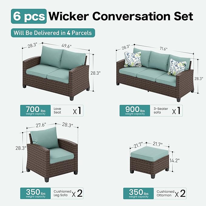 Patio Furniture Set Outdoor Furniture Brown Wicker Rattan Patio Conversation Sets with Cushion Outside Sofa Set,6 Pieces 9 Seats,Blue