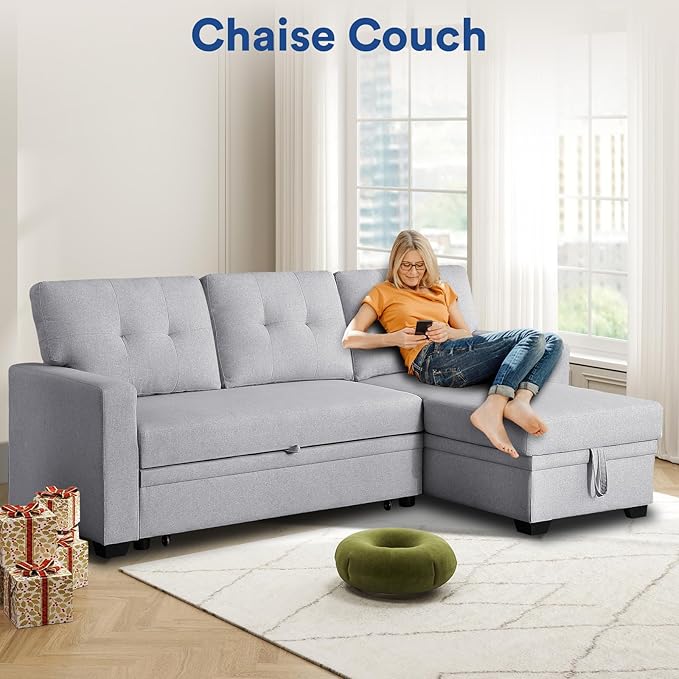 Rovibek 82" Convertible Sofa Bed Couch with Storage - 4 in 1 L Shaped Sofa with Pull Out Couch Bed for Living Room, Apartment, Office, Small Spaces, Light Grey