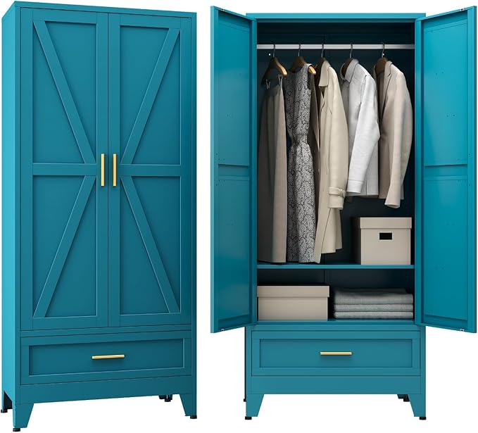 Metal Wardrobe Cabinet, 71" Tall Armoire Wardrobe Closet with Drawer,Hanging Rod and Adjustable Shelf, Farmhouse Clothing Storage Cabinet for Bedroom, Laundry