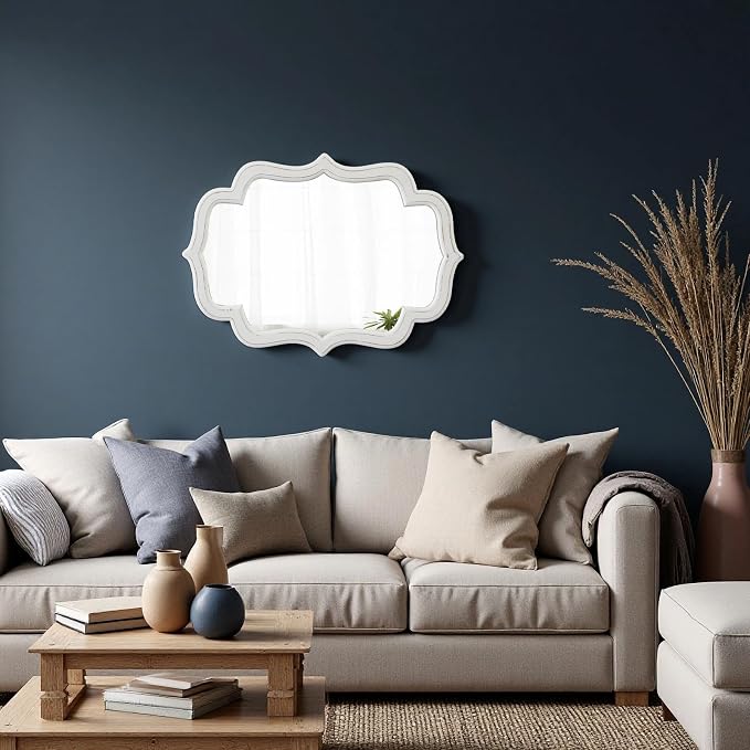 Vintage Oval Wall Mirror 22 X 30 Inch, Hanging Distressed White Scalloped Rustic Wood Wall Mirrors for Bathroom Bedroom Living Room, Farmhouse Entryway Mirror, Horizontal or Vertical - Image 4