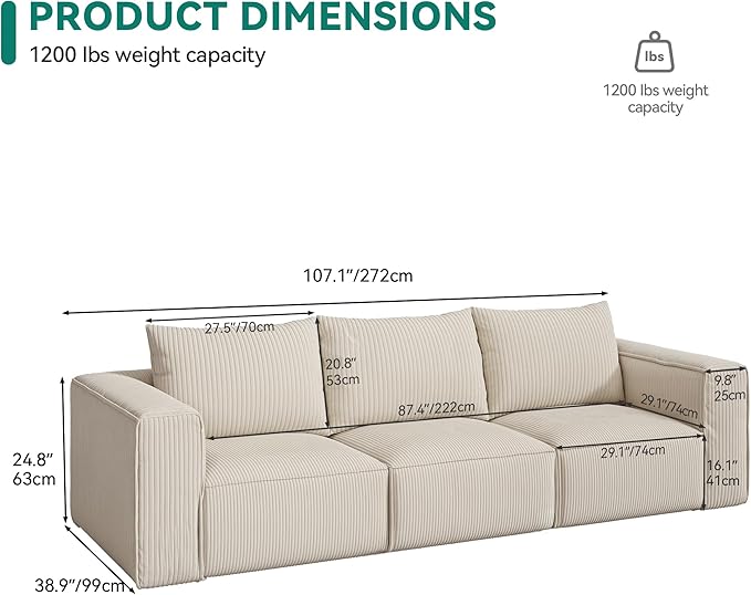 DWVO Oversized Deep Modular Sectional Sofa, 3-Seat Cloud Couch with 3 Pillows, Corduroy Sectional Couches for Living Room, Apartment, Office, Hotel, Bedroom, No Assembly Needed, Milky White