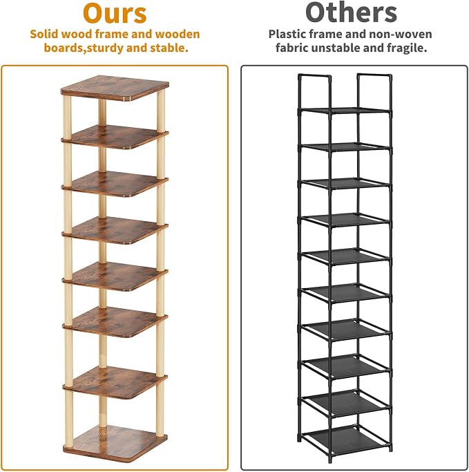 LUCKNOCK Vertical Shoe Rack, 8-Tier Tall Narrow Shoe Organizer for Entryway, Closet, Dorm & Small Spaces, Freestanding Wooden Shoe Shelf Tower for Boots, Sneakers, Heels. (Rustic Brown) - Image 8