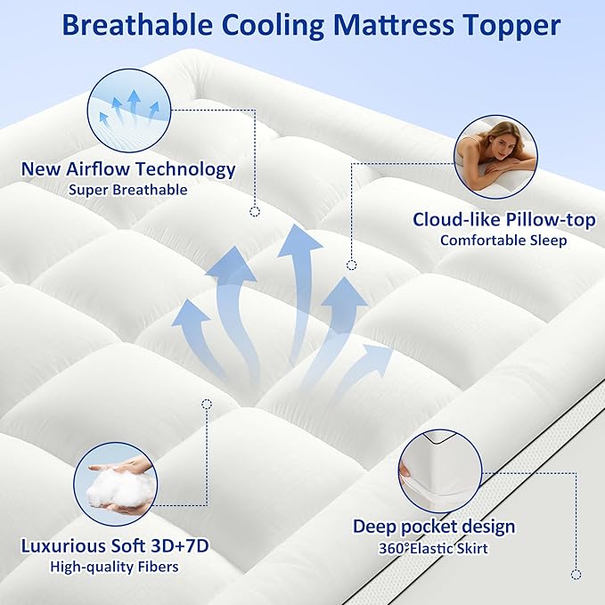 California King Mattress Topper for Back Pain, Extra Thick Pillow Top Mattress Pad with 1000GSM Down Alternative Filler, Cooling Breathable Plush Bed Topper Protector Cover, Deep Pocket
