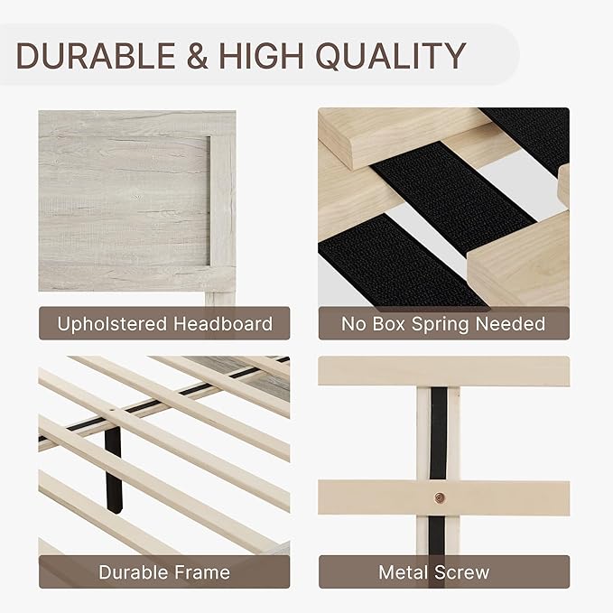 KISLOT 3 Pieces Bedroom Set, Full Size Wood Platform Bed Frame and 2 Nightstands, Storage Nightstand with Type-C Charging Port, Farmhouse Bedroom Furniture Set