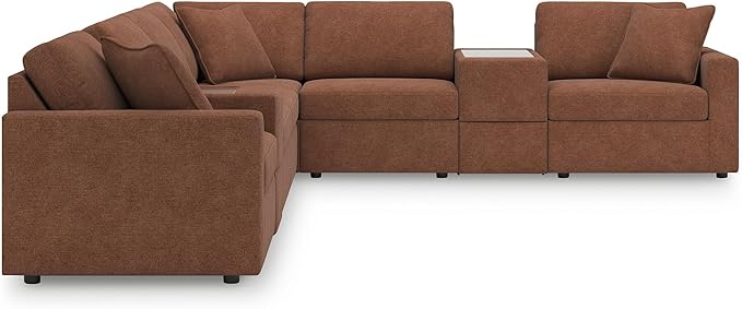 Signature Design by Ashley Modmax Contemporary Stain Resistant Right-Arm Facing 8-Piece Sectional with Storage Consoles, Armrest, Throw Pillows and Reversible Cushions, Orange