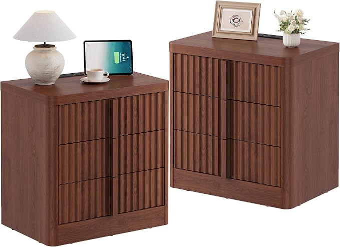 YANSNWO 23.6" Nightstand Set of 2 with Charging Station, Bedside Table with 3 Storage Drawers, Mid Century Modern Night Stand with Solid Wood Handle, End Table for Bedroom, Living Room, Walnut by YANSNWO
