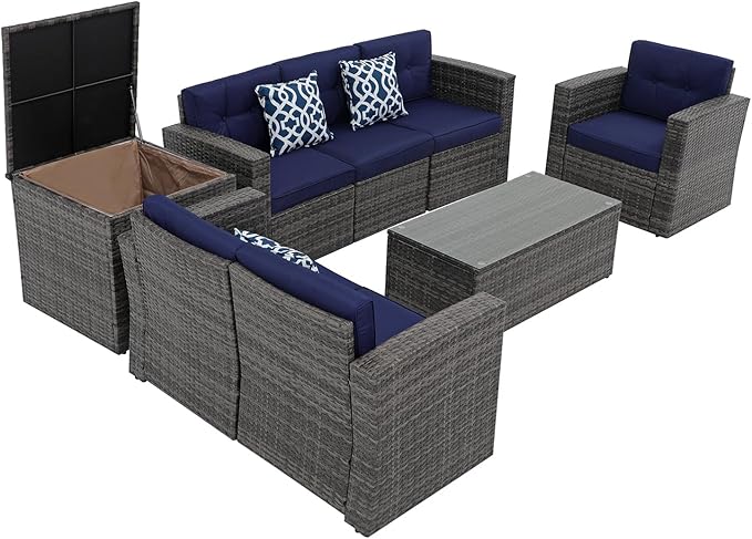 Super Patio 8 Pieces Outdoor Patio Furniture Set, Wicker Patio Conversation Sets with Storage Box, Rattan Outdoor Sectional Sofa Set with Cushions and Coffee Table for Outside Porch, Deck, Navy Blue