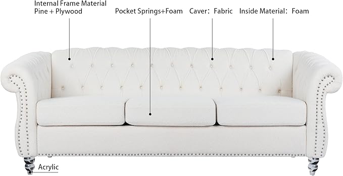 ERYE 84.5-Inch Classic 3 Seat Chesterfield Sofa Couches for Living Room Bedroom, 3 Seaters Button Tufted Teddy Fabric Upholstered Chesterfield Sofa Couch,Acrylic Legs | Button Tufted, Easy to Assemble, Nailhead, Removable Cushion