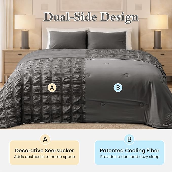 Cozy Bliss Cooling Comforter Seersucker Plaid Twin XL Size, Q-Max 0.45 Lightweight Cooling Blanket, Breathable Silk Smooth Summer Bedding Quilt for Hot Sleepers Night Sweats Dark Gray