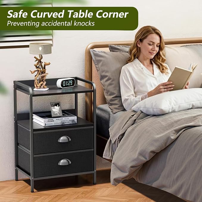 Night Stand Set 2, Nightstand with 2 Fabric Drawer, End Table with Open Shelf, Bedside Table Side Table with Wooden Top, Storage Drawer Dresser, Black - Image 4