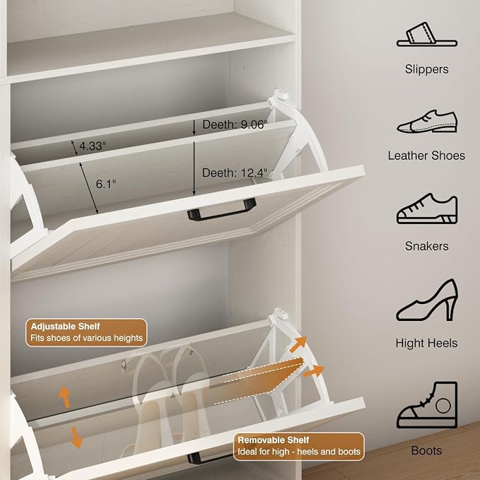 Shoe Storage Cabinet with 4 Flip Drawers, Farmhouse Modern Hidden Shoes Rack Cabinet with Adjustable Shelves & Open Storage, Narrow Slim Shoe Organizer for Front Door Entrance, Entryway, Antique White - Image 3