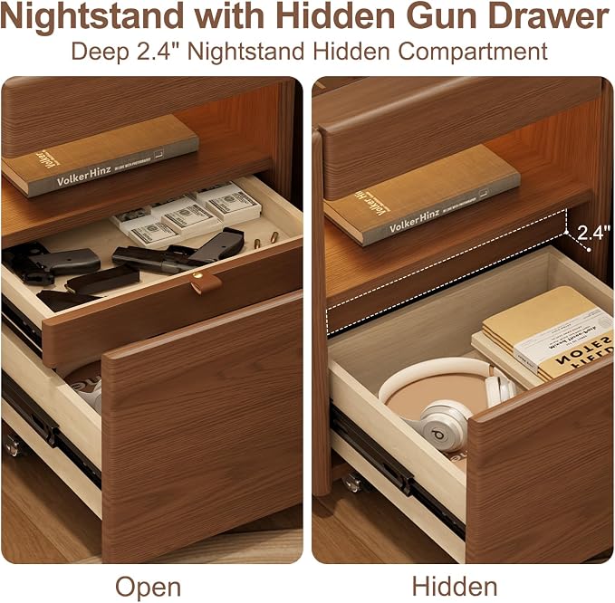 3 Drawers Nightstands with Charging Station,Modern Nightstand with Hidden Drawer,Jewelry Drawer,Mobile Bedside Table for Bedroom,Walnut Finish - Image 8
