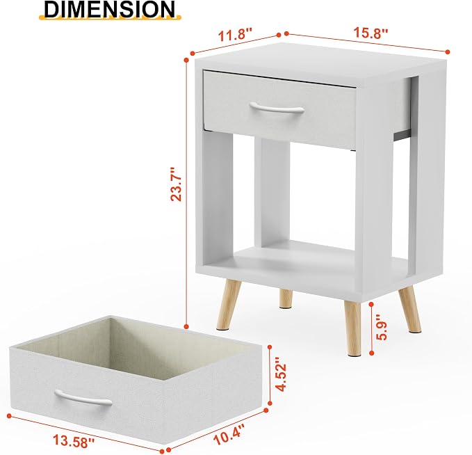 GYIIYUO Nightstands Set of 2 with Fabric Storage Drawer and Open Wood Shelf, Side Table with Storage for Bedroom, Night Stand with Drawer for Bedroom, Bedside Tables - White 24" H - Image 3