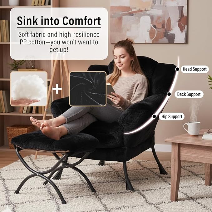 Furlide Lazy Chair with Ottoman, Modern Accent Chair with Armrests and a Side Pocket, Plush Black Accent Chairs, Reading Chairs, Oversized Armchairs for Bedroom, Study, Living Room, Courtyard