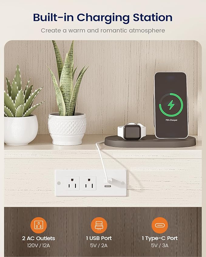 Farmhouse Tall Nightstand with Charging Station and Bookshelf,Led Wood Night Stand with 2 Drawers, Bedside End Side Table with 6 Hooks and Storage Shelves for Bedroom, Antique White - Image 6