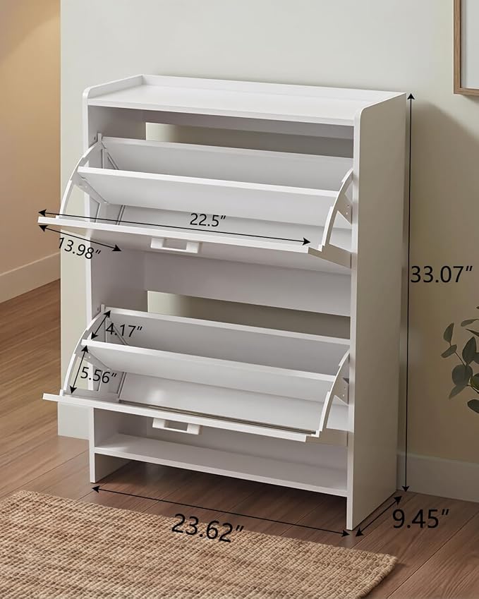 Shoe Cabinet with 2 or 3 Flip Drawers, Narrow Shoe Storage Cabinet, Hidden Shoe Organizer for Entryway, Space Saving Shoe Rack for Hallway, Living Room (White, 2 Drawers with Handle) - Image 2