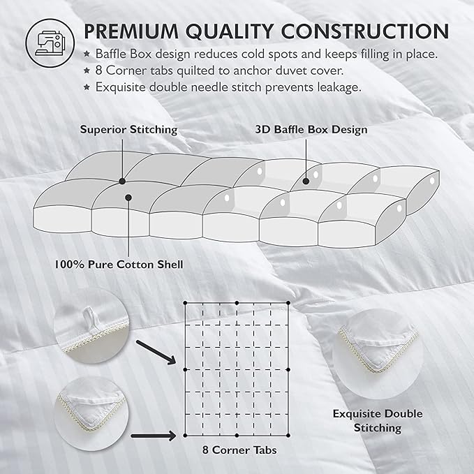 Luxurious Heavy King/California King Siberian Goose Down Comforter All-Season Duvet Insert, Premium Baffle Box, 1200 Thread Count 100% Egyptian Cotton, 75 oz Fill Weight, White Damask Stripe