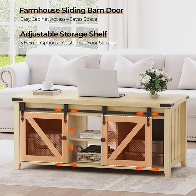 48" Farmhouse Lift Top Coffee Table with Storage, Sliding Barn Door, Large Hidden Compartment, Wooden Lifting Tabletop with Adjustable Shelf for Living Room, Office (Oak)