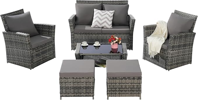 KEIKI 6-Piece Outdoor Patio Furniture Set, Rattan Patio Conversation Set with 2-Seater Sofa, 2 Single Sofa, 2 Ottomans, Coffee Table, PE Wicker Sofa Set, for Garden, Backyard, Lawn, Deck, Dark Gray