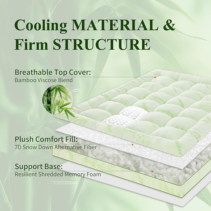 Memory Foam Mattress Topper - Viscose Made from Bamboo Pillow Top Thick King Size Mattress Pad for Back Pain, Ultra Soft & Cooling for Hot Sleepers, 6-18'' Deep Pocket, Green