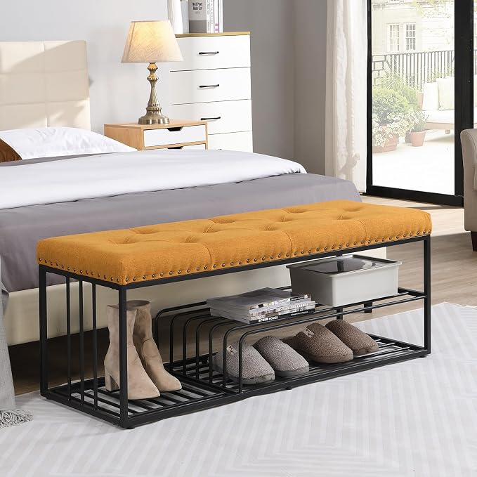 End of Bed Bench-Upholstered Entry Shoe Storage with Nailhead Trim,Black Mental Frame Ottoman Bench for Bedroom Entry Window Mudroom Living Room,Yellow - Image 5