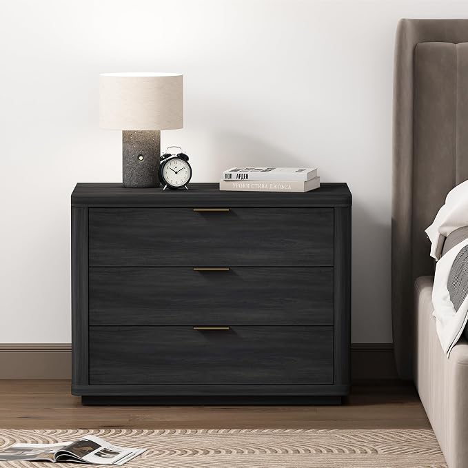 Manhattan Comfort Evelyn Nightstand with 3 Drawers, Minimalist Wood Grain Bedside Table with Rounded Corners and Raised Base, Modern End Table for Bedroom, Entryway, or Living Room in Charcoal Grey - Image 2