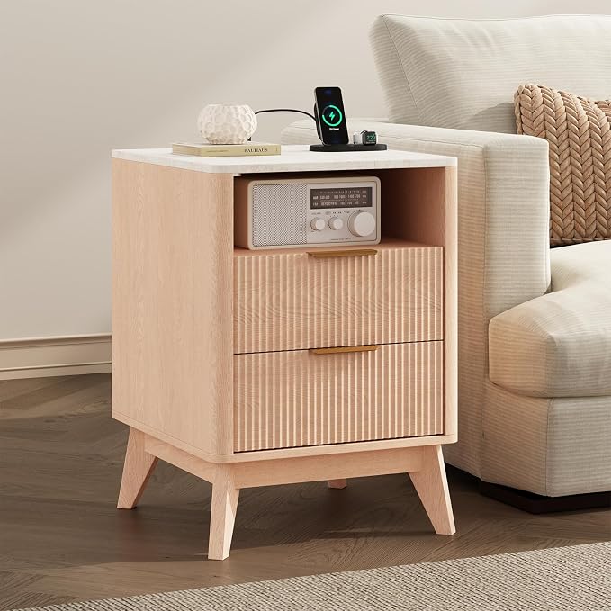 DUMOS Nightstand with Charging Station Set of 2, 18" Bedside Table with with Faux Marble Top, Fluted Wood End Table with 2 Drawers, Mid-Century Modern Night Stand for Bedroom, Natural Oak - Image 7