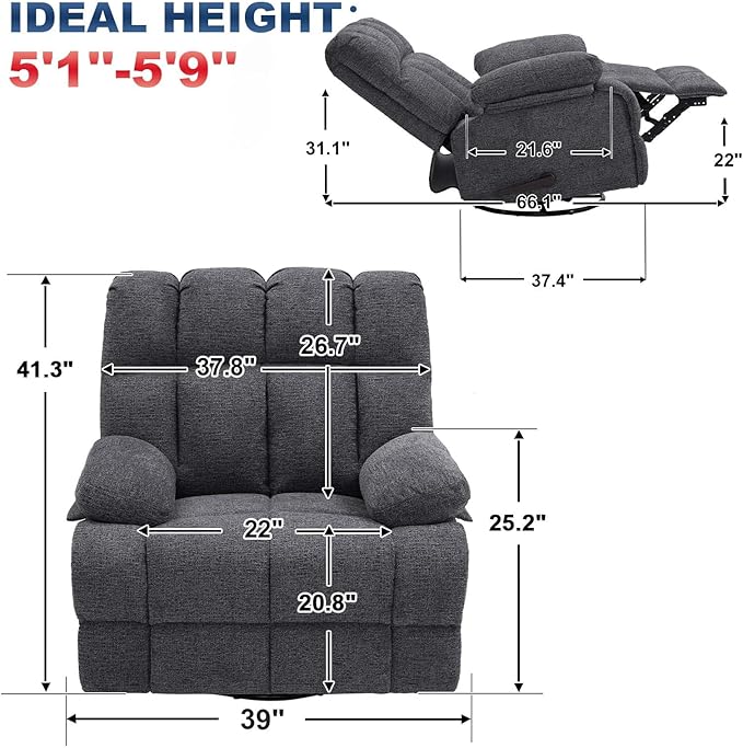 Eiayeebil Oversized Swivel Rocker Recliner Chair Set of 2 for Adult, Rock Recliner for Big Man, Extra Wide Manual Recliners, Overstuffed Soft Rocking Sofa Chair,Light Grey