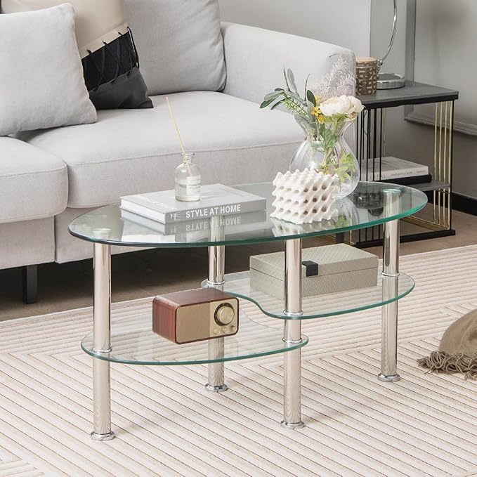 Giantex Oval Glass Coffee Table - 3-Tier Transparent Tempered Glass Table W/Sturdy Chrome Plated Legs, Small Sofa Side Table, End Table for Living Room, Bedroom, Office, 35"× 20" ×18" (Clear)