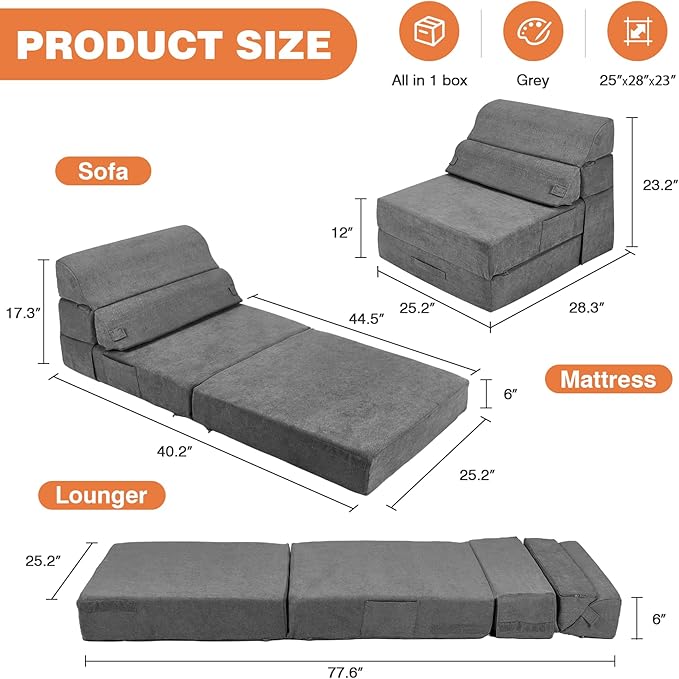 Comfy Foldable Sofa Bed - Folding Single Sofa Bed for Adults, Convertible Sleeper Sofa Fold Out Sleeper Chair Couch for Living Room Bedroom Guest, Floor Chair Lounger Mattress with Back Support