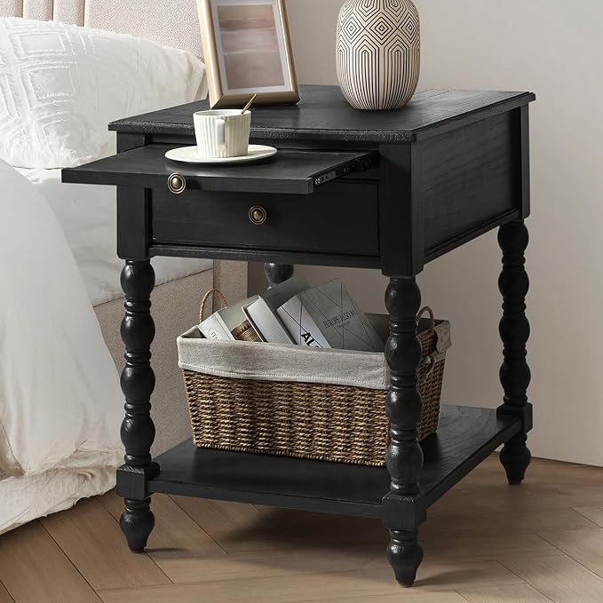 HULALA HOME Spindle Nightstands with Charging Station, Solid Wood Nightstand with Drawer Shelf, Side Table with Pull-Out Shelf (1, Charcoal) by HULALAHOME