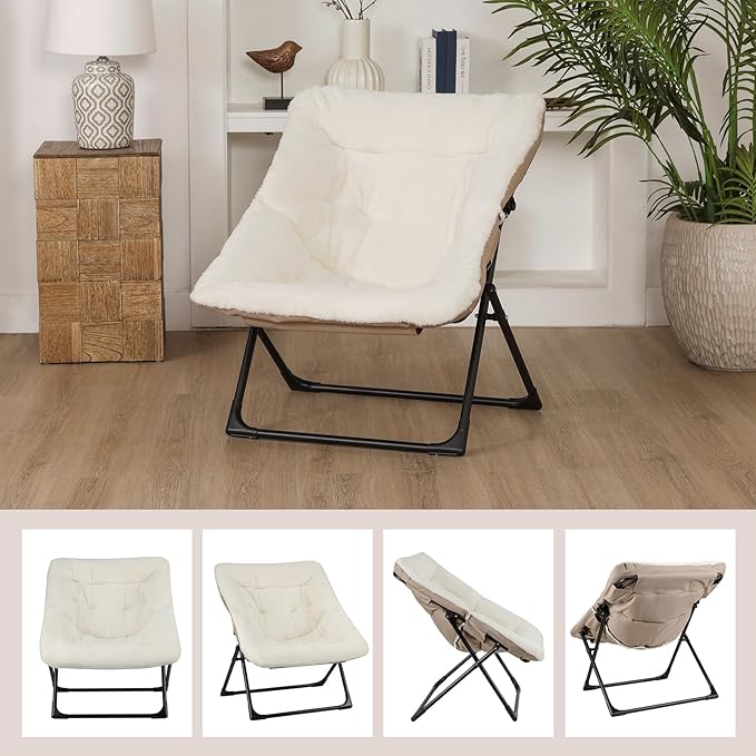 Comfy Saucer Chair for Adults, Soft Faux Fur Bedroom Chair, Accent Dorm Chairs, Flexible Living Room Reading Chairs, Oversized Folding Seat for Teens, X-Large, Beige