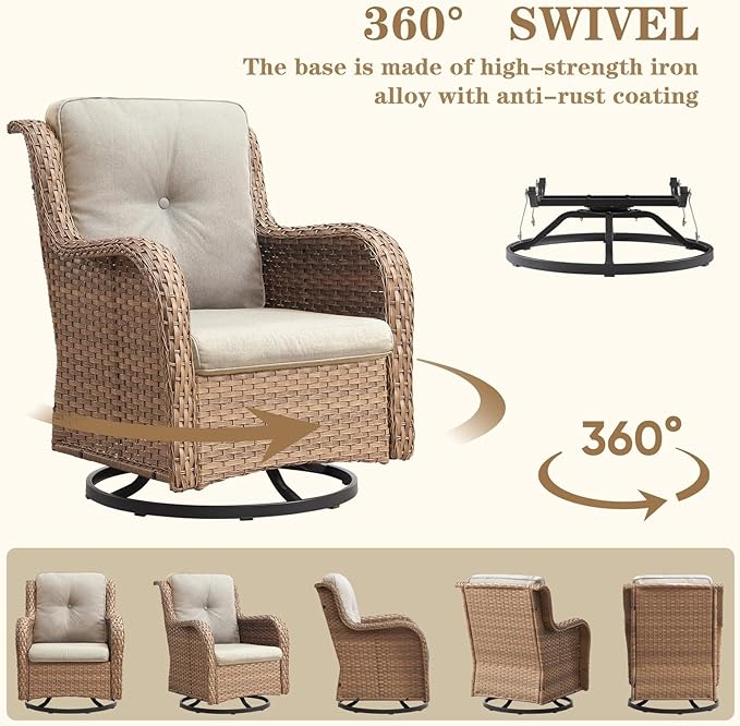 Wicker Patio Furniture Set: 8 Piece Outdoor Conversation Sets with 4 Swivel Rocker Chairs, Patio Couch, Rattan Ottomans and Coffee Table for Porch Balcony Garden, Yellow/Beige