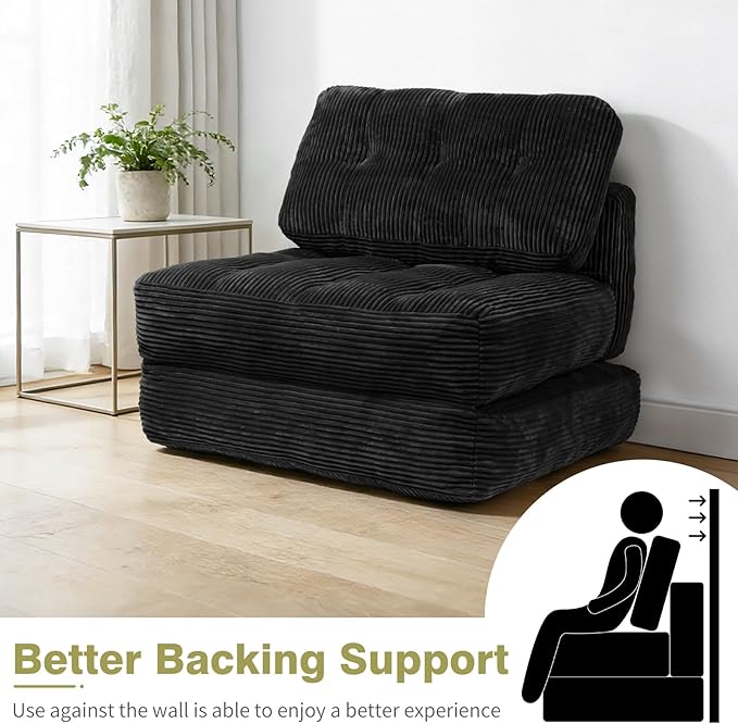 Art3d Folding Sofa Bed, Convertible Sleeper Sofa Bed with Pilow & Back Support, 3 in 1 Long Futon Boneless Couch, Comfy Floor Couch for Living Room, Bedroom, Black