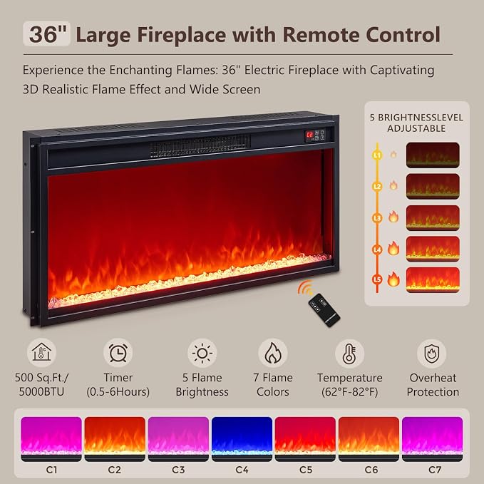 Modern Fireplace TV Stand with 36" LED Electric Fireplace for 80 inch TVs, 32" Tall Entertainment Center w/Drawers &Adjustable Shelves, Wood Media Console w/Curved Profile Design for Living Room,Brown - Image 4