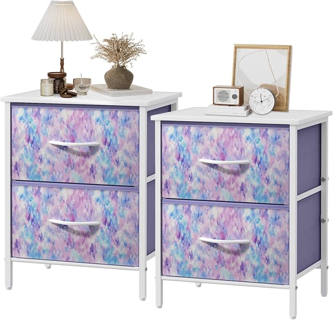 Stero Nightstand Set of 2, Kids Dresser with 2 Drawers, Steel Frame Bedside Furniture, Wood Top Fabric Night Stand, Colorful End Table for Home, Bedroom, Office, Tie-dye Purple by Stero